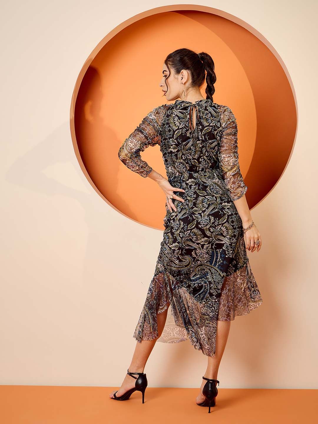 Antheaa Elit Net Printed Boat Neck Bodycon Midi Dress