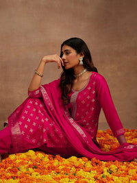 Libas Floral Woven Design Beads & Stones Kurta with Trousers & Dupatta