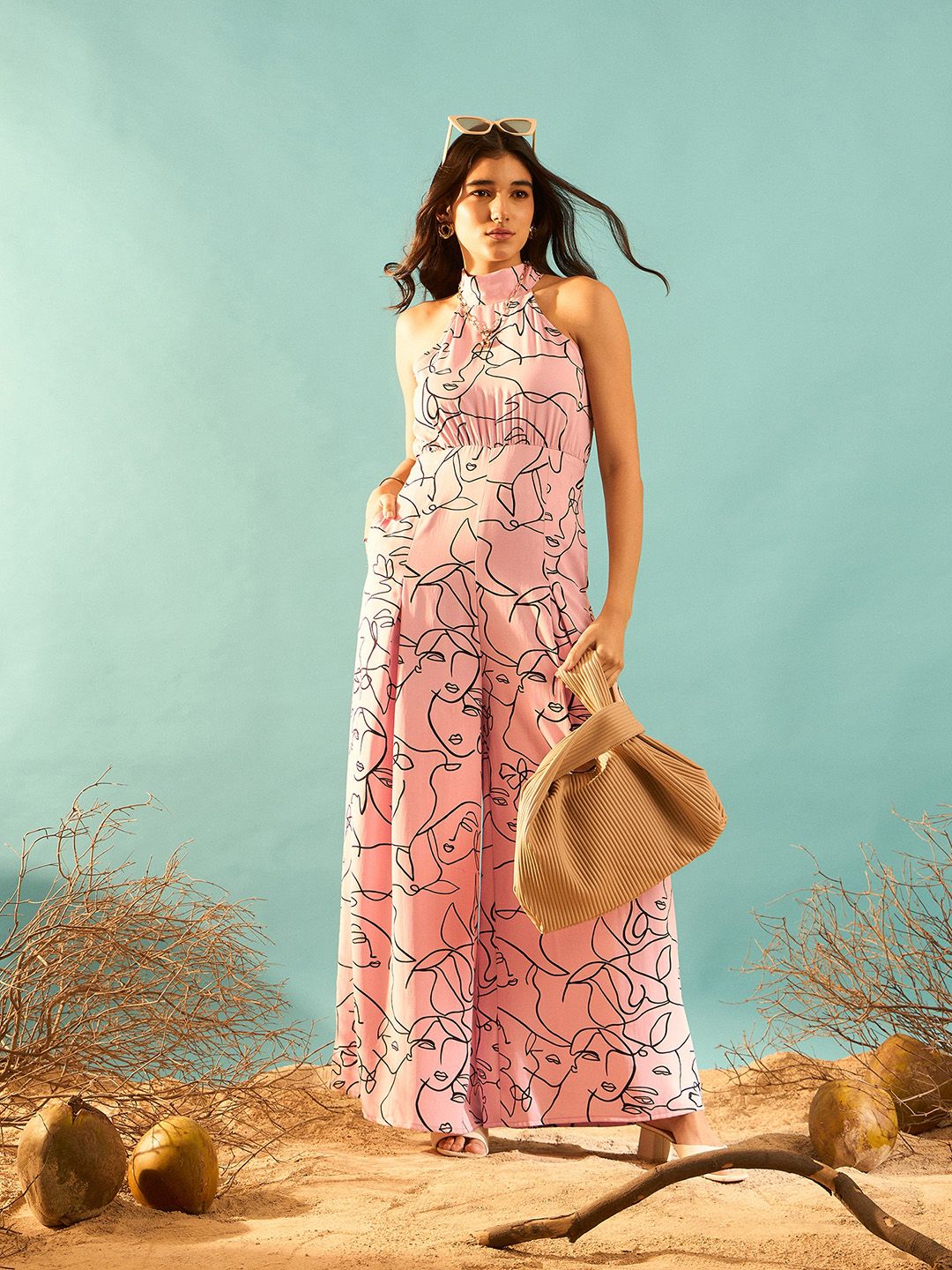 Berrylush Pink Abstract Printed Halter Neck Basic Jumpsuit