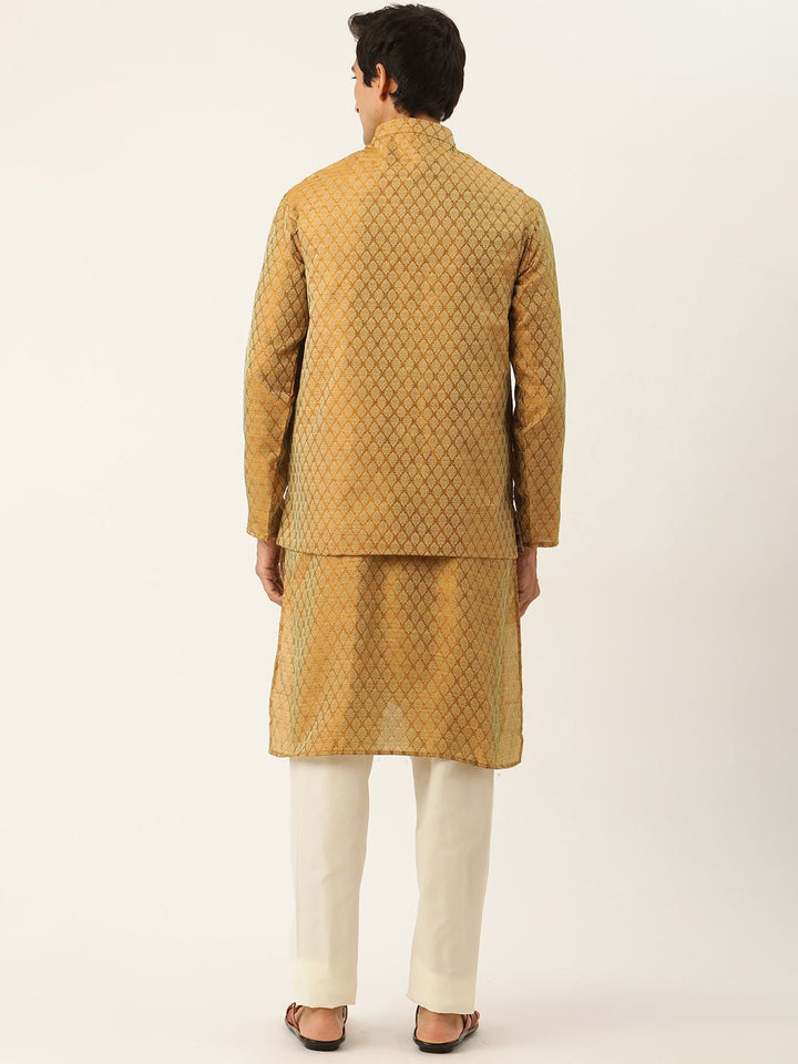 SOJANYA Men Mustard Yellow & Off-White Jacquard Kurta with Churidar & Nehru Jacket