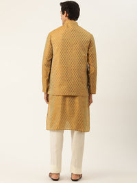 SOJANYA Men Mustard Yellow & Off-White Jacquard Kurta with Churidar & Nehru Jacket