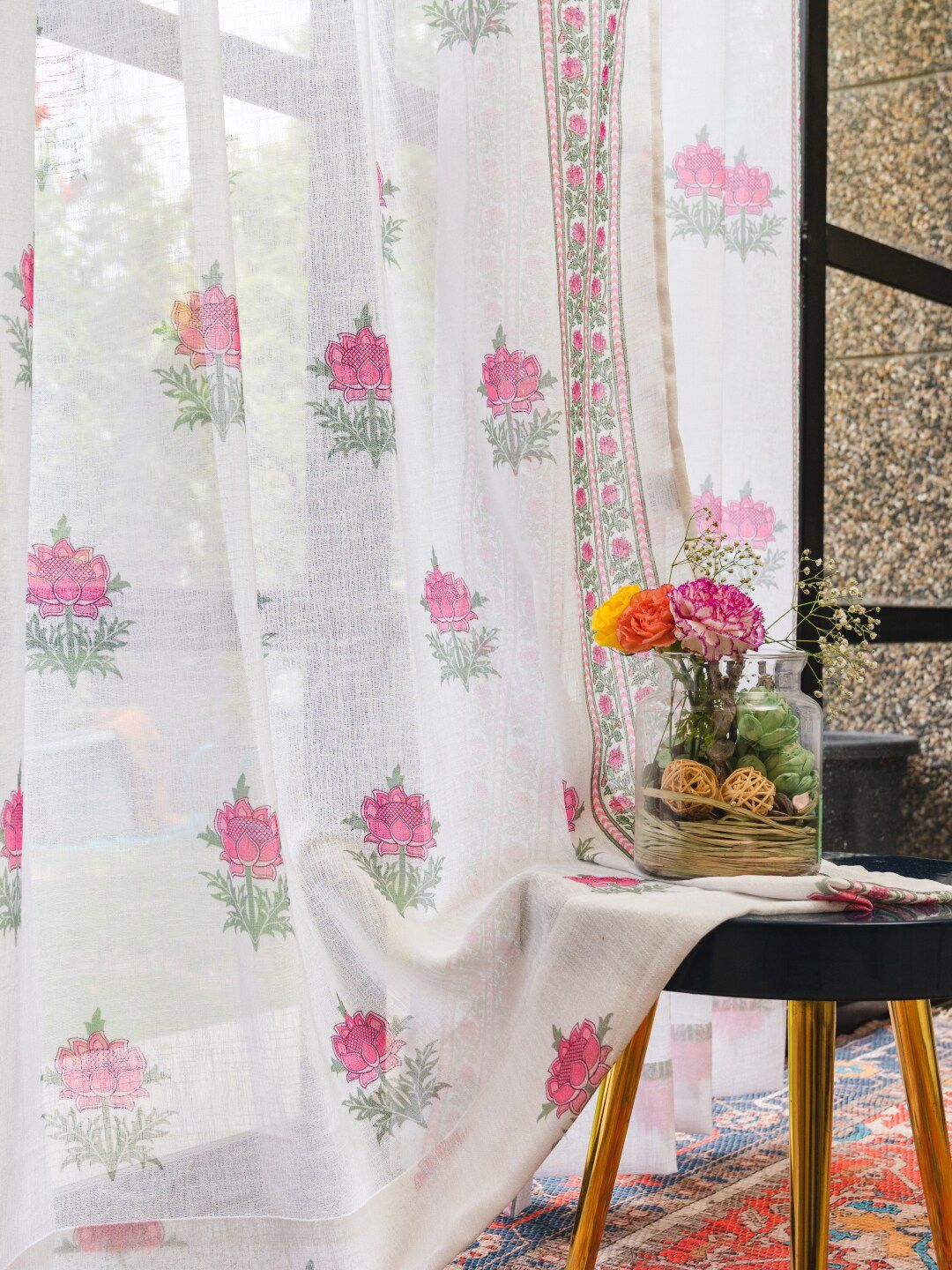 URBAN SPACE Pink & White 2 Pieces Floral Sheer Window Curtains