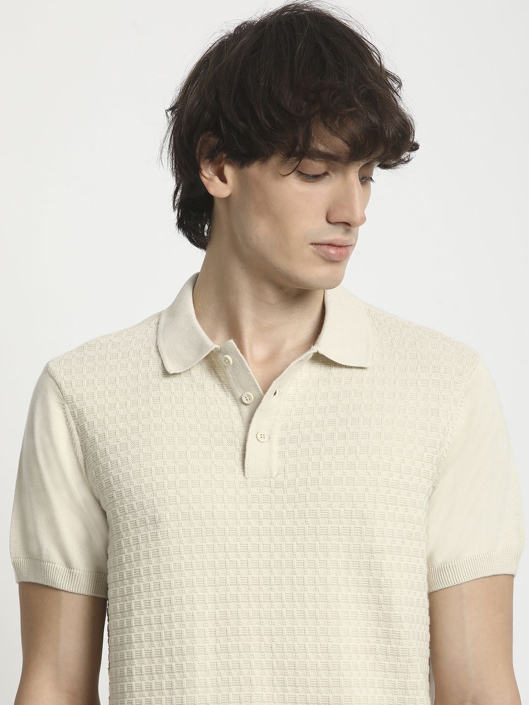 THE BEAR HOUSE Men Self Design Polo Collar Pure Cotton T-shirt