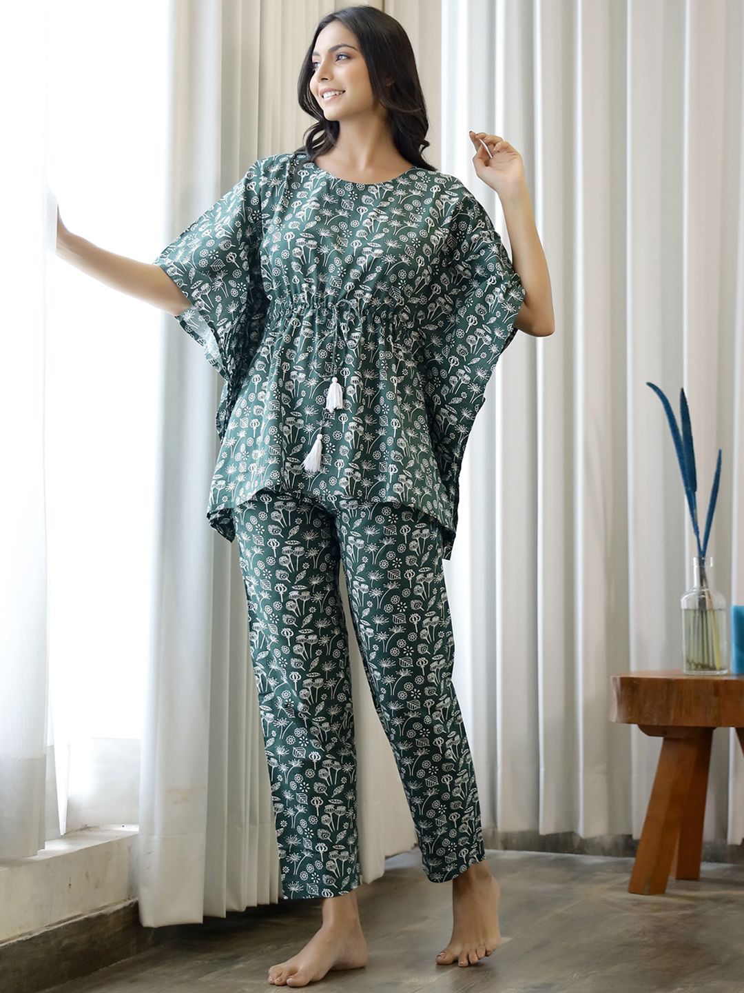 SANSKRUTIHOMES Women Olive Green Printed Cotton Night suit