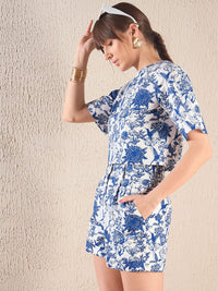 SASSAFRAS Navy Blue Floral Printed Round Neck Crop Top With Shorts