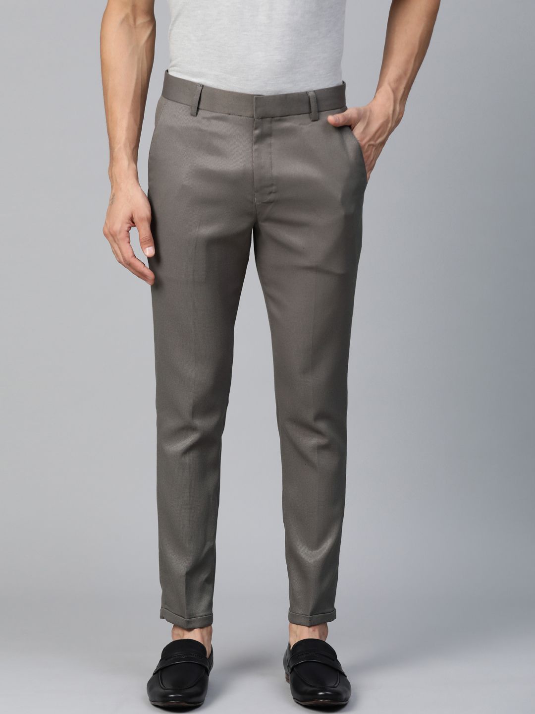 DENNISON Men Charcoal Grey Smart Tapered Fit Self Design Regular Trousers