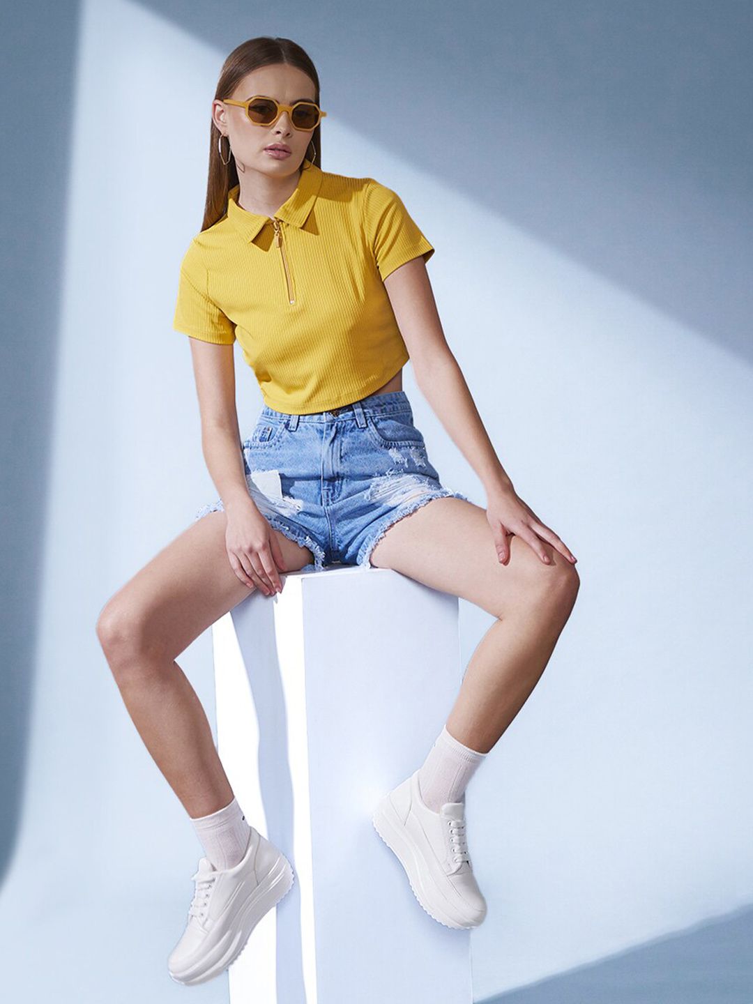 STREET 9 Yellow Polo Collar Ribbed Slim Fit Crop T-shirt