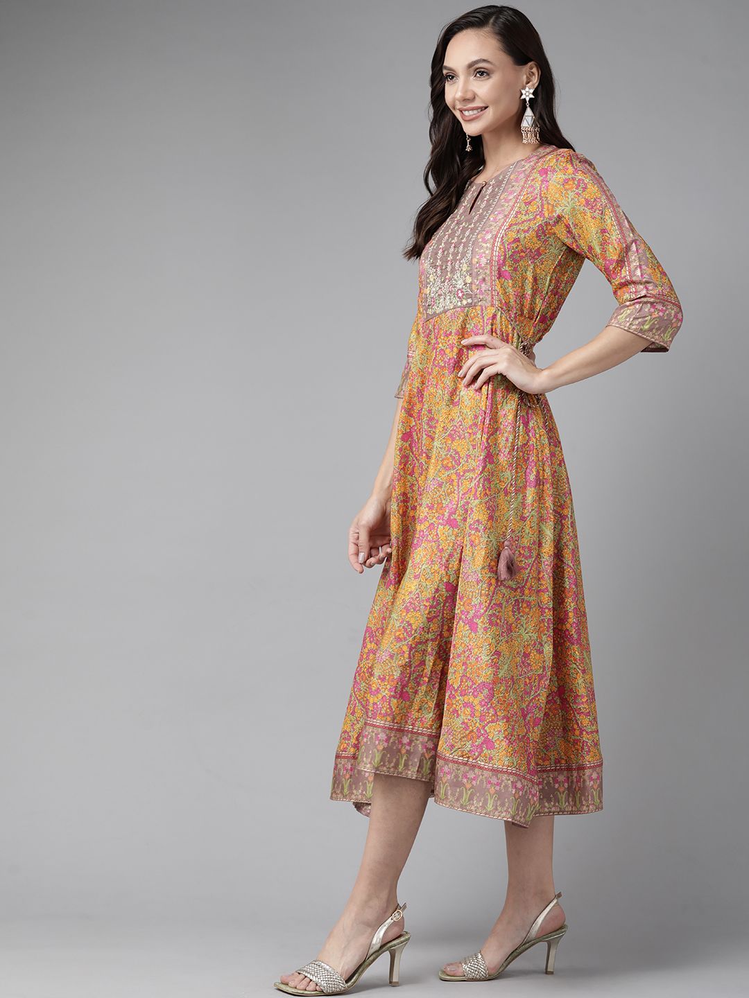 W Women Orange & Pink Printed Sequined Detail A-Line Ethnic Dress