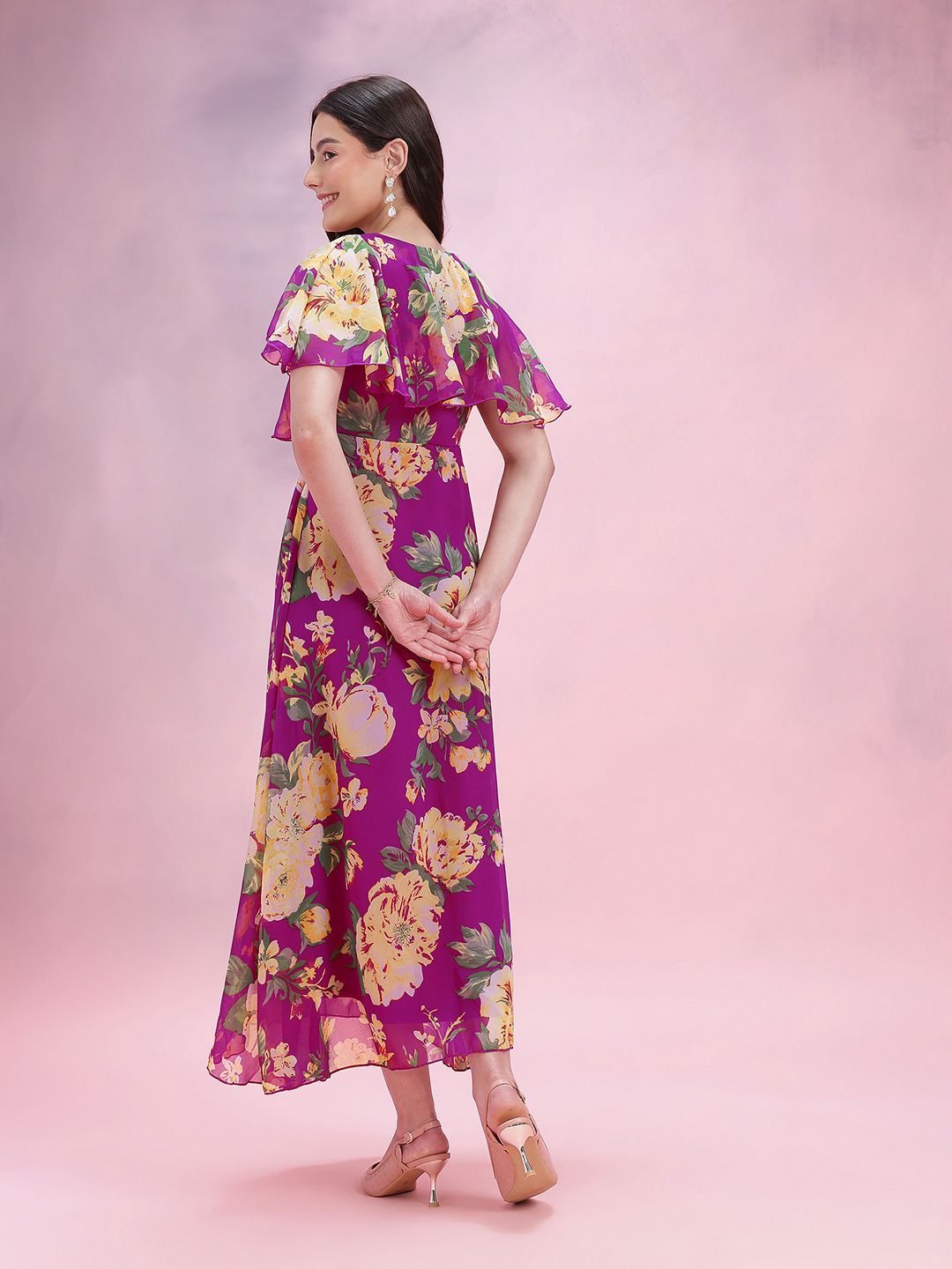 DressBerry Floral Print V-Neck Layered A-Line Midi Dress