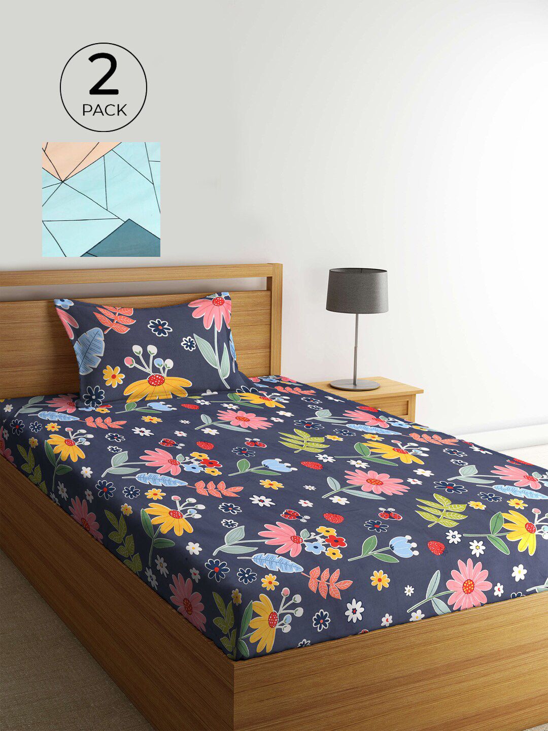 KLOTTHE Berbilang Warna Kapas Bunga 210 TC Single Halus 2 Cadar dengan 2 Sarung Bantal-89 x 59 inci