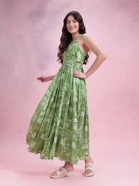 DressBerry Tropical Print Shoulder Straps Pleated Maxi Dress with Cut-Out Detail