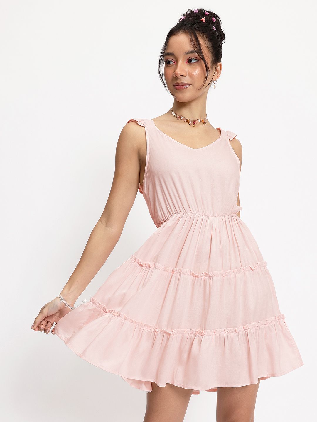 DressBerry Voluminous Vogue Tiered Satin Fit & Flare Mini Dress
