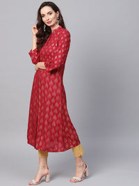 SOJANYA Women Maroon & Golden Foil Print A-Line Kurta