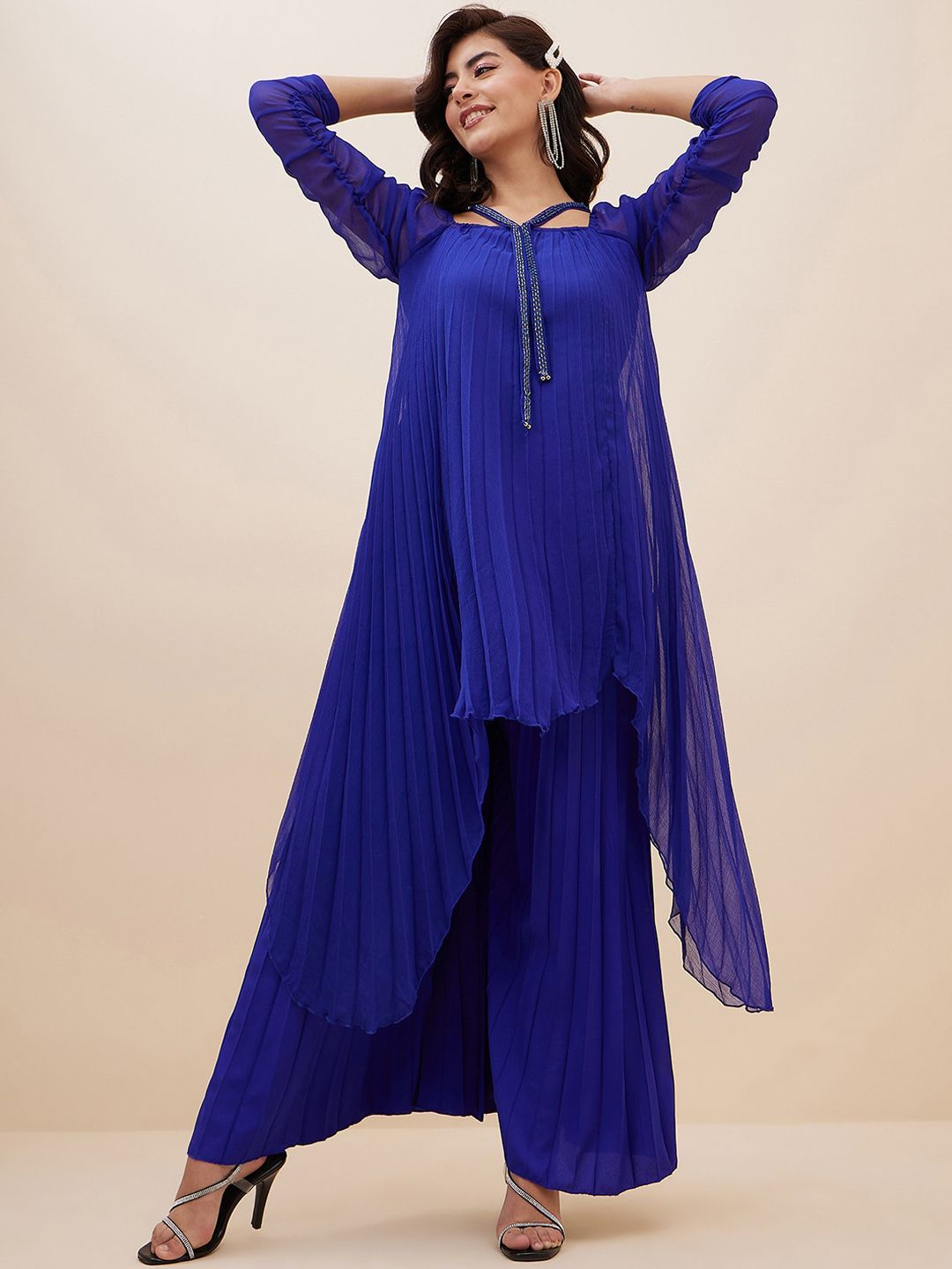Antheaa Square Neck Puffed Sleeves Pleated A-Line Top With Palazzos