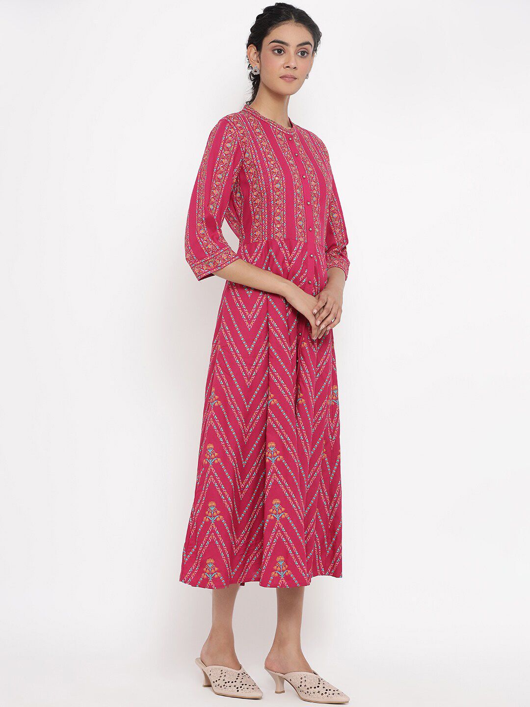 W Women Fuchsia & Pink Ethnic Motifs Ethnic A-Line Midi Dress