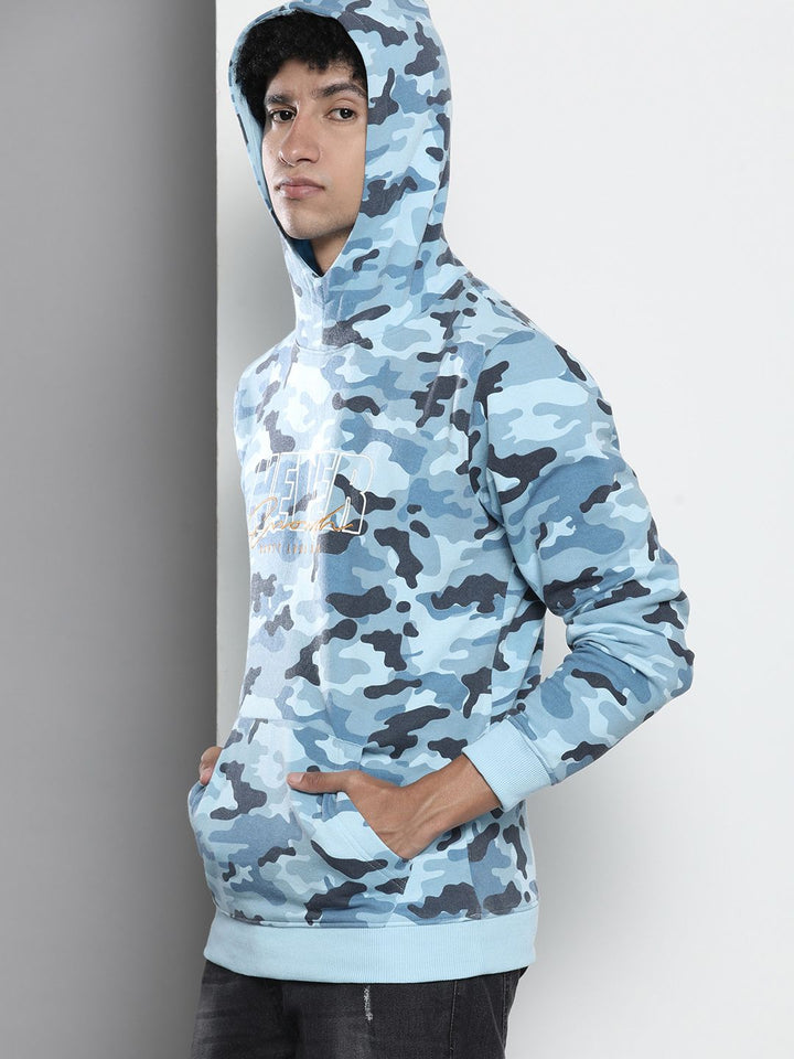 The Indian Garage Co Men Blue & Black Printed Hooded Sweatshirt