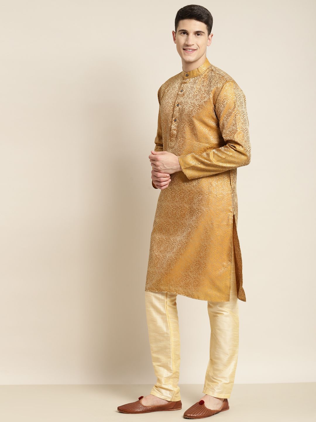 SOJANYA Men Mustard Yellow & Golden Ethnic Motifs Kurta