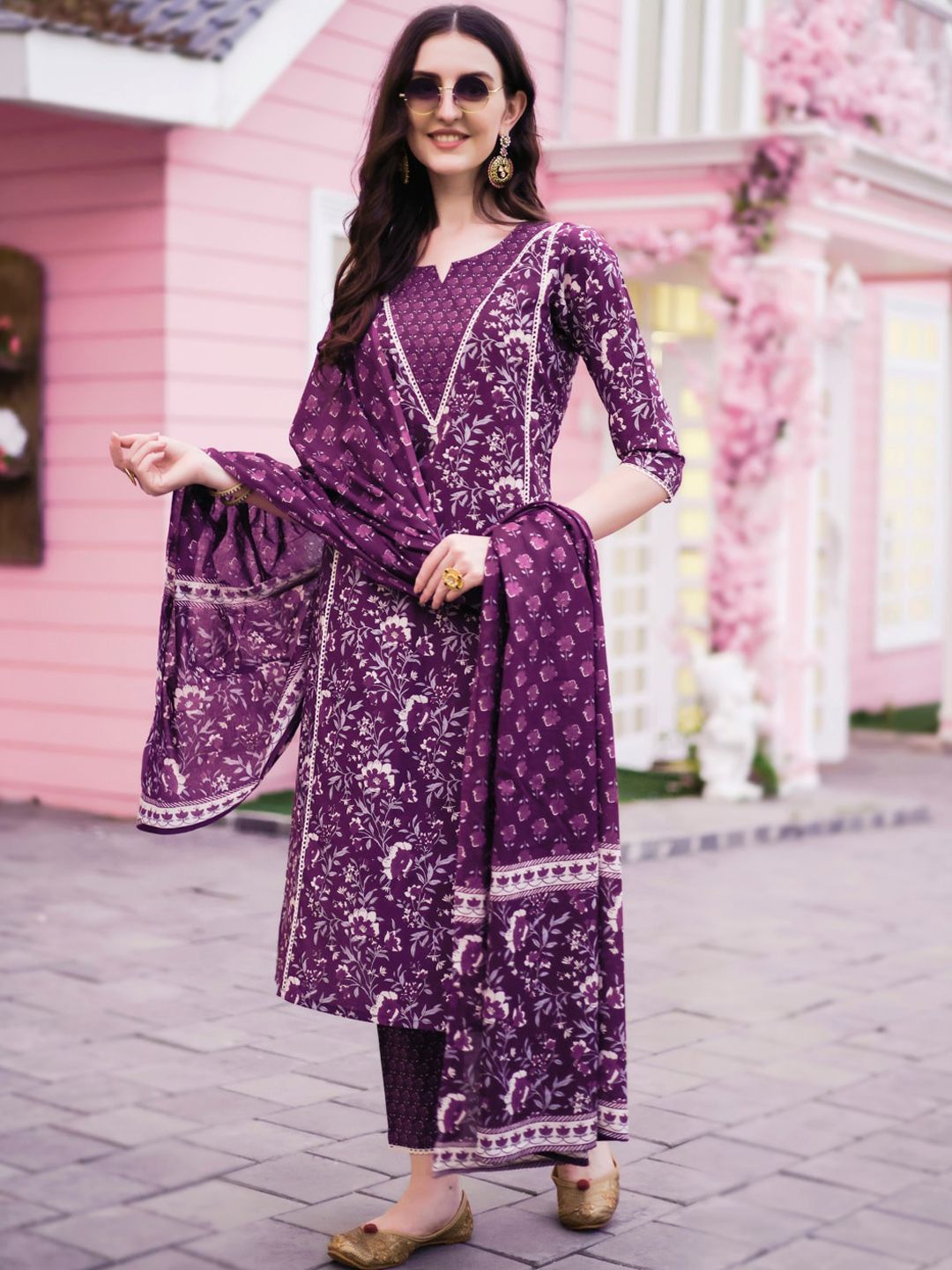 KALINI Floral PrintedKurta With Trousers & Dupatta