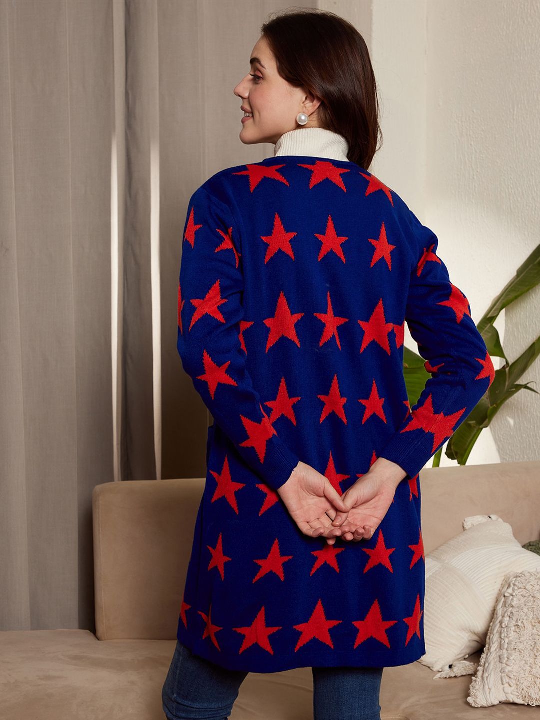 Berrylush Blue & Red Conversational Printed Longline Front Open Sweater