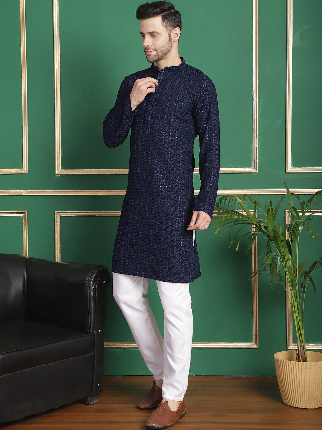 Anouk Navy Blue Geometric Embroidered Sequinned Kurta with Pyjamas