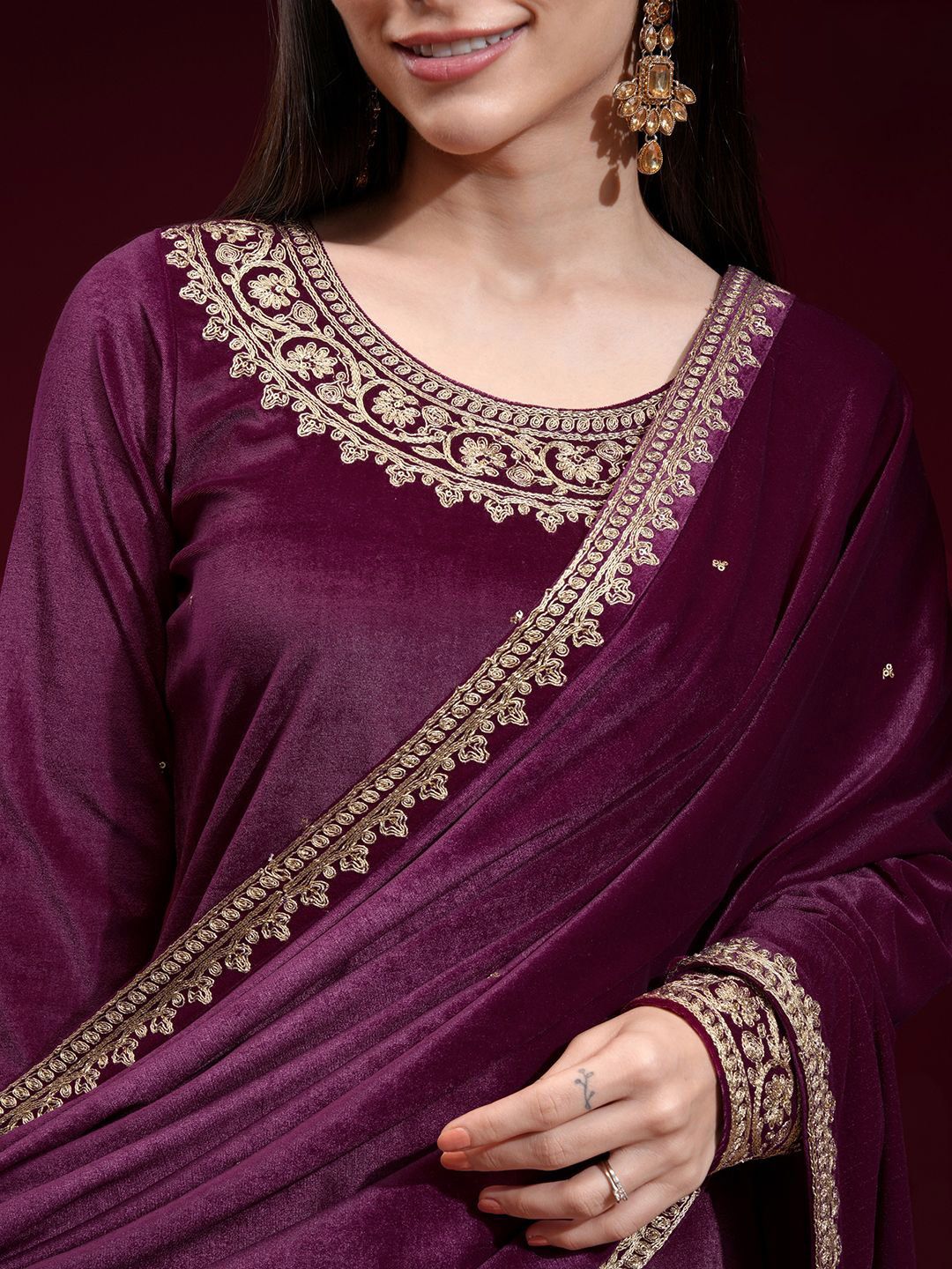 Vishudh Women Embroidered Velvet Straight Kurta with Slim Pants and Dupatta