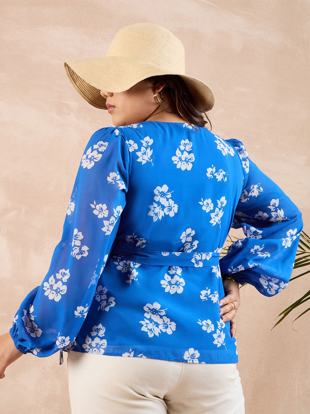 Berrylush Curve Plus Size Blue Floral Printed V-Neck Bishop Sleeve Wrap Top
