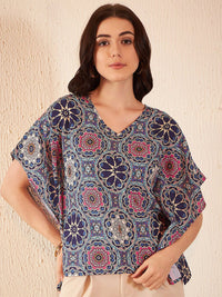DENNISON Ethnic Motif Printed Batwing Sleeve Ethnic Crepe Kaftan Top