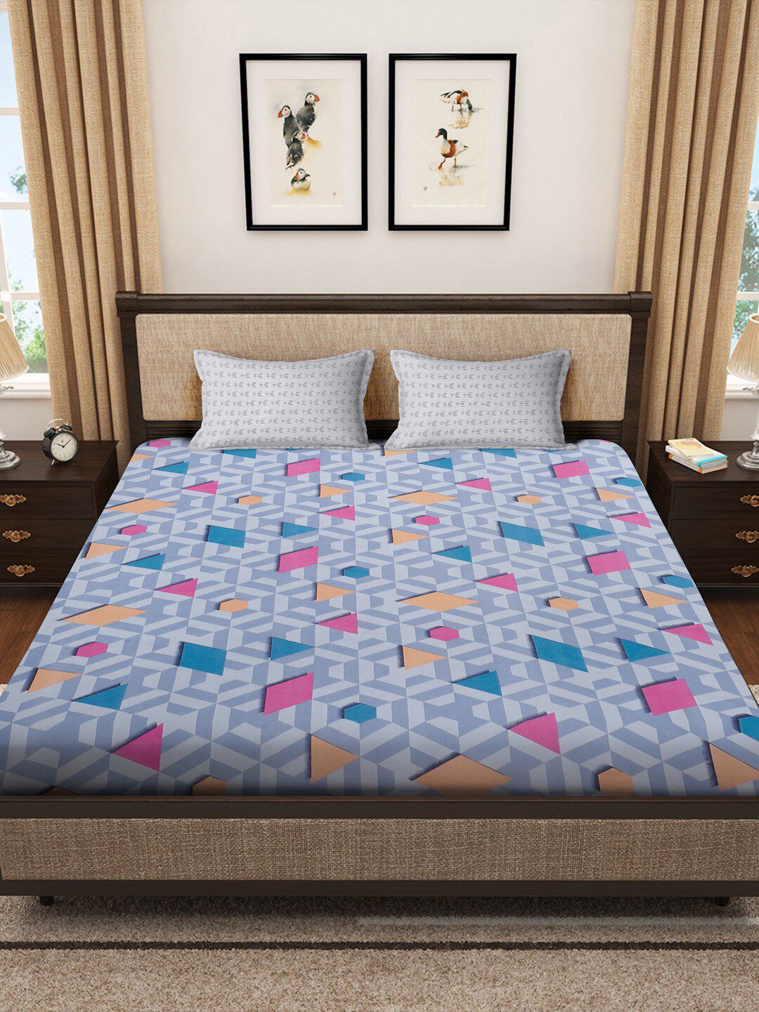 KLOTTHE Blue Geometric Cotton 300 TC Fitted King Bedsheet with 2 Pillow Covers-250 x 225 cm