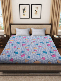 KLOTTHE Blue Geometric Cotton 300 TC Fitted King Bedsheet with 2 Pillow Covers-250 x 225 cm