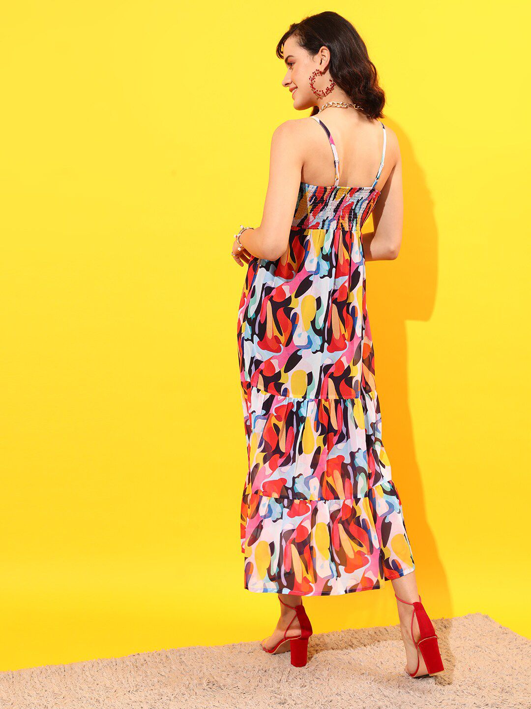 STREET 9 Shoulder Straps Abstract Printed Tiered Chiffon Maxi Dress