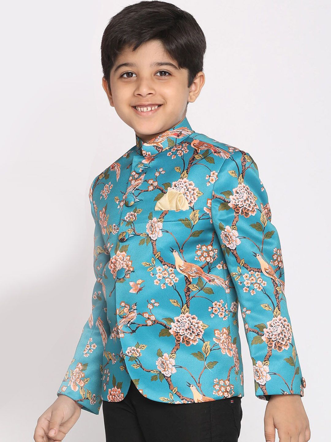 VASTRAMAY Boys Turquoise Blue Printed Bandhgala Blazer