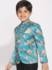 VASTRAMAY Boys Turquoise Blue Printed Bandhgala Blazer