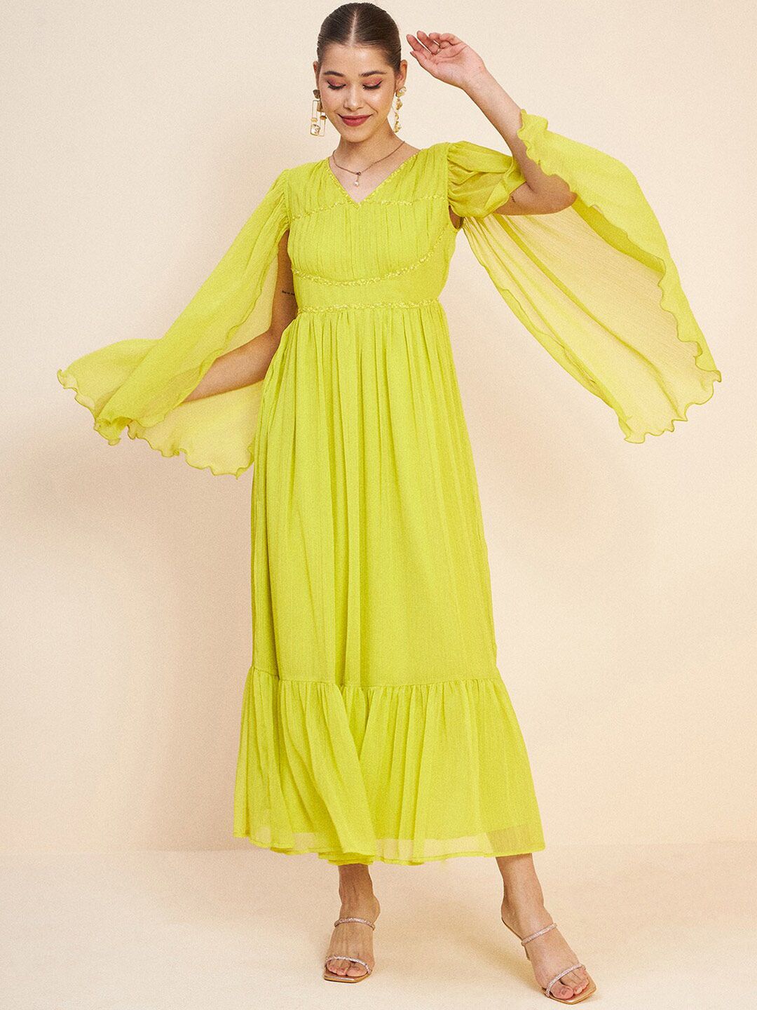 Antheaa Green V-Neck Slit Sleeves Embellished Detail Maxi Dress
