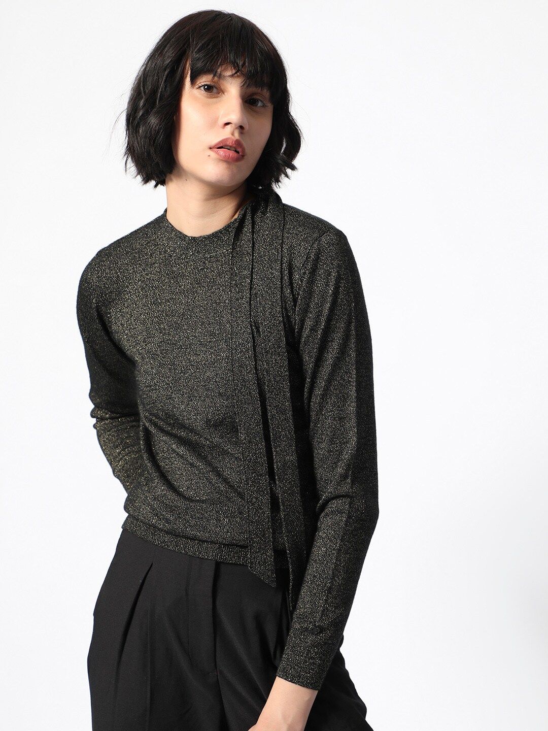 RAREISM Self Design Tie Ups Detail Long Sleeves Shimmer Top