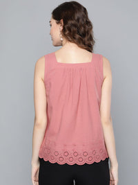 SASSAFRAS Women Dusty Pink Pure Cotton Schiffli Detail Regular Top