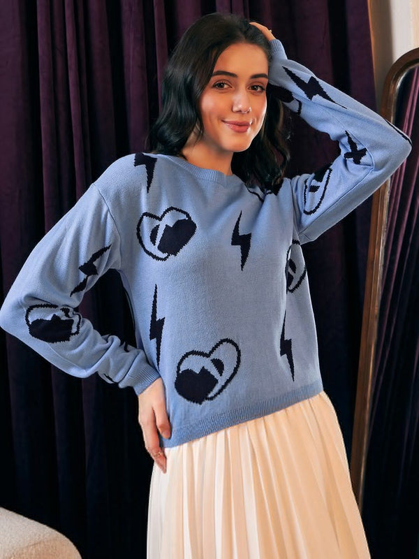 Berrylush Blue Graphic Printed Acrylic Pullover