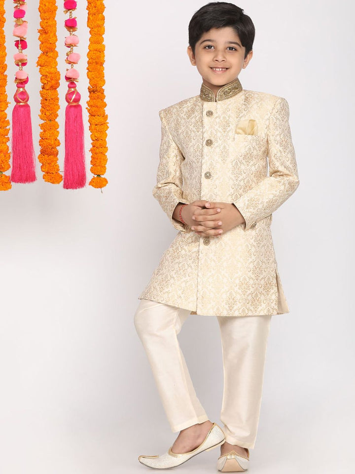 Vastramay Boys Beige & Cream-coloured Slim-Fit Sherwani Set