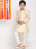 Vastramay Boys Beige & Cream-coloured Slim-Fit Sherwani Set