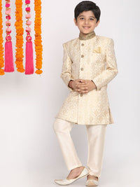 Vastramay Boys Beige & Cream-coloured Slim-Fit Sherwani Set