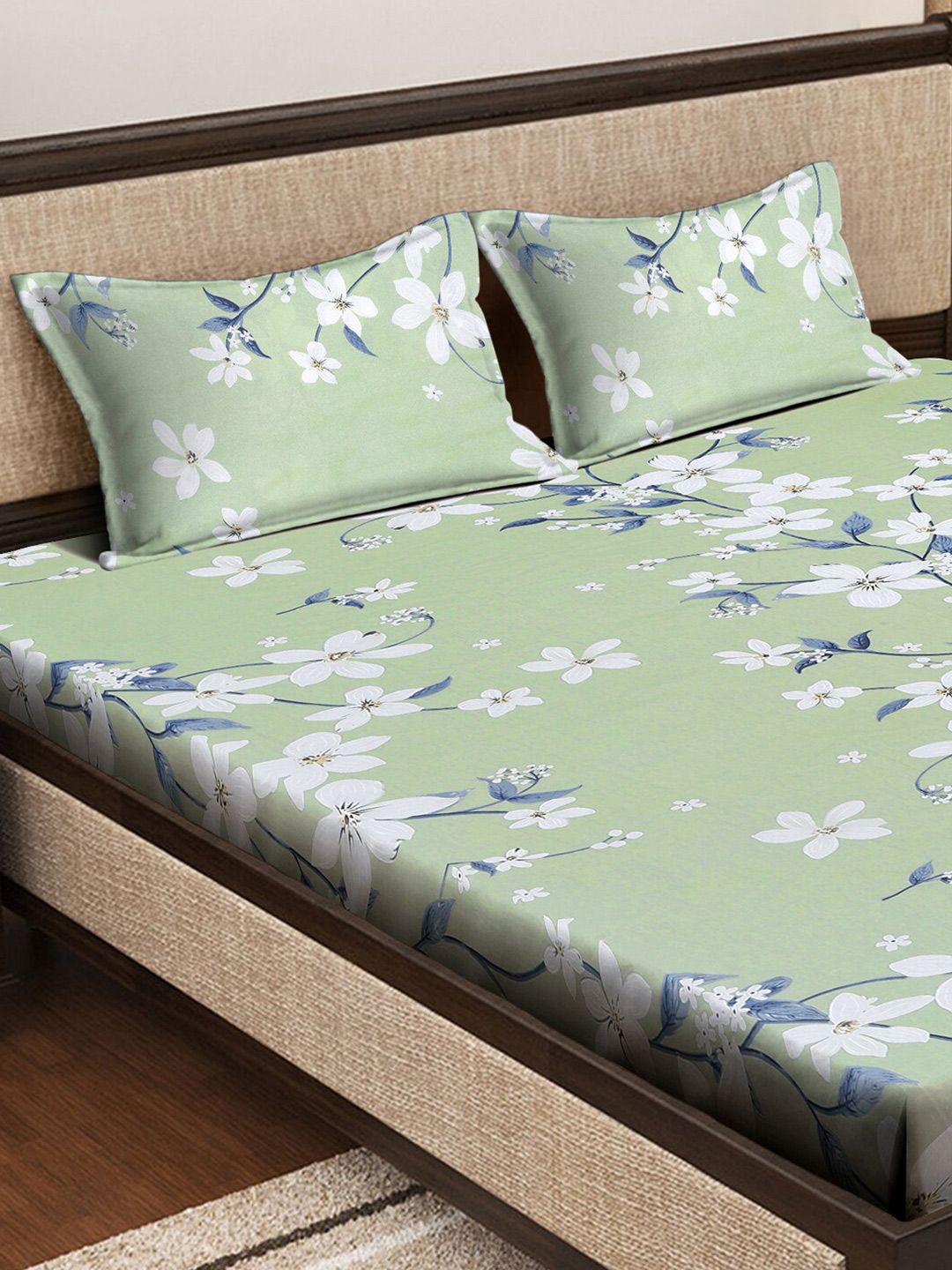 KLOTTHE Green Floral Printed Fitted 400 TC Cotton King Bedsheet & 2 Pillow Covers