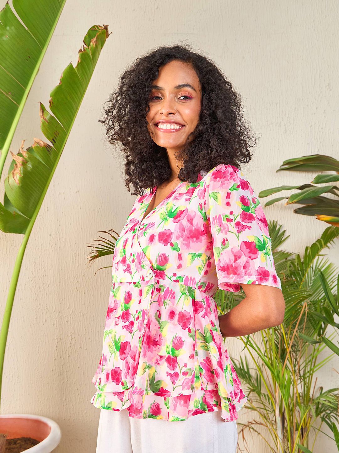 SASSAFRAS Pink Floral Printed Georgette Peplum Top