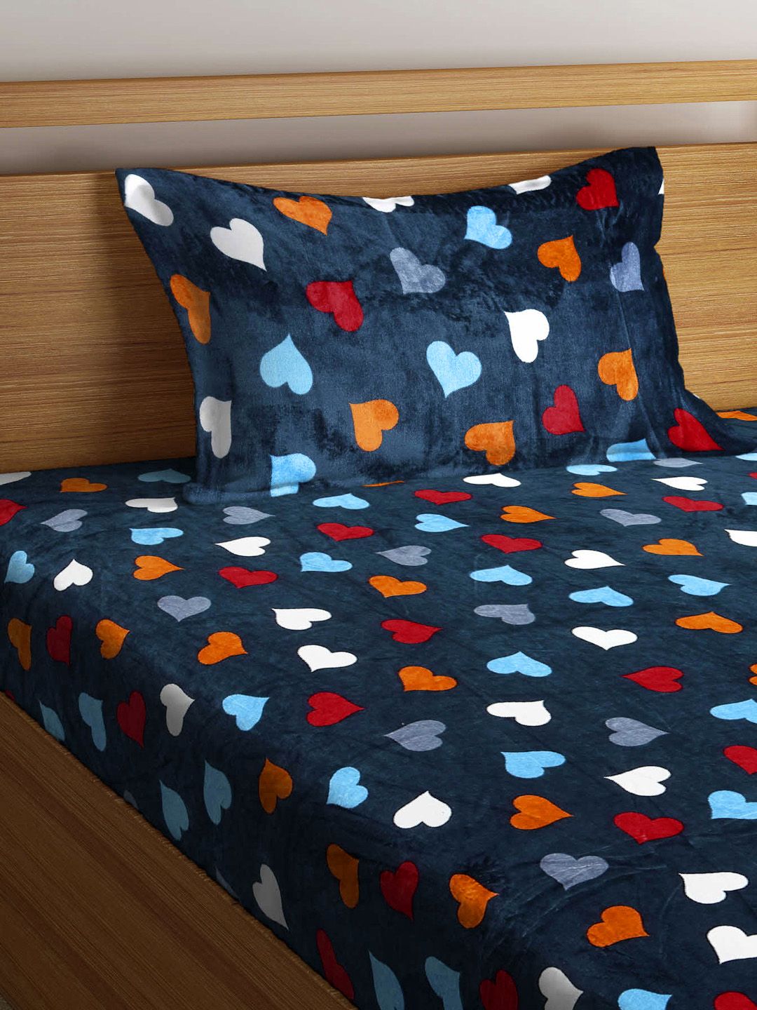 KLOTTHE Blue Printed 300 TC Woolen Single Bedsheet With Pillow Cover