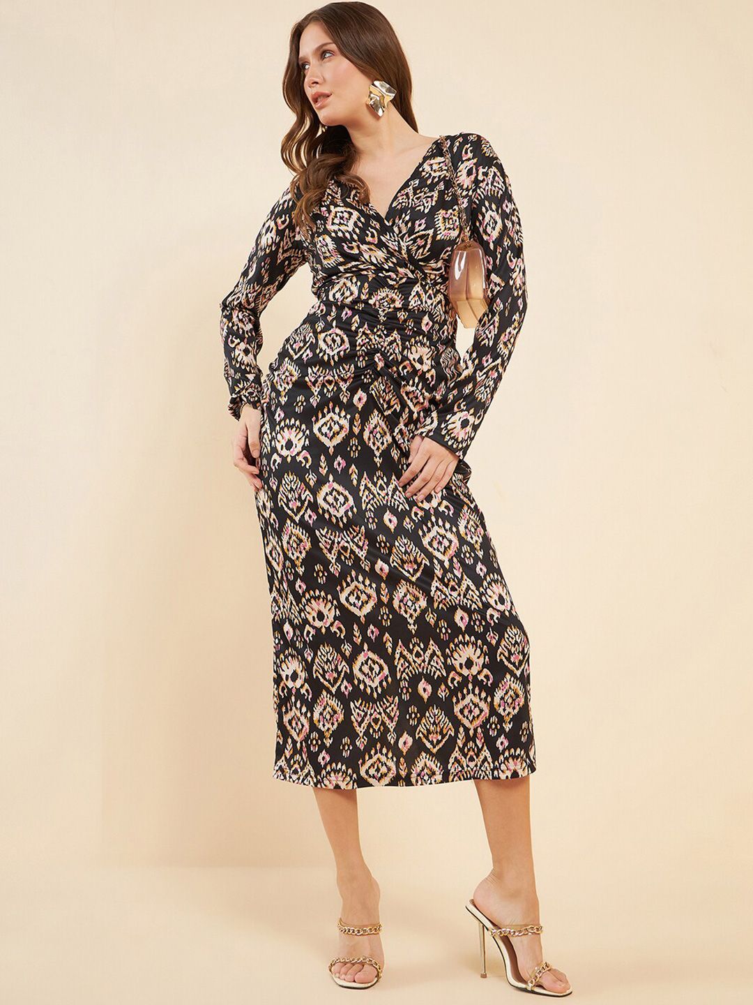 Antheaa Black Ethnic Motifs Printed V-Neck A-Line Midi Dress