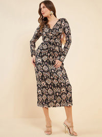 Antheaa Black Ethnic Motifs Printed V-Neck A-Line Midi Dress