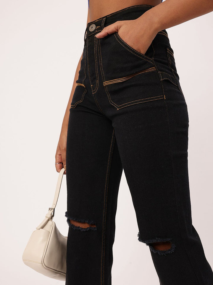DressBerry Women Bold Grunge Slash Knee High Rise Cropped Jeans
