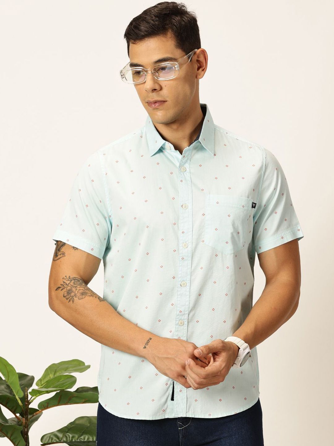 Thomas Scott Men Premium Spread Collar Micro Ditsy Printed Cotton Slim Fit Casual Shirt