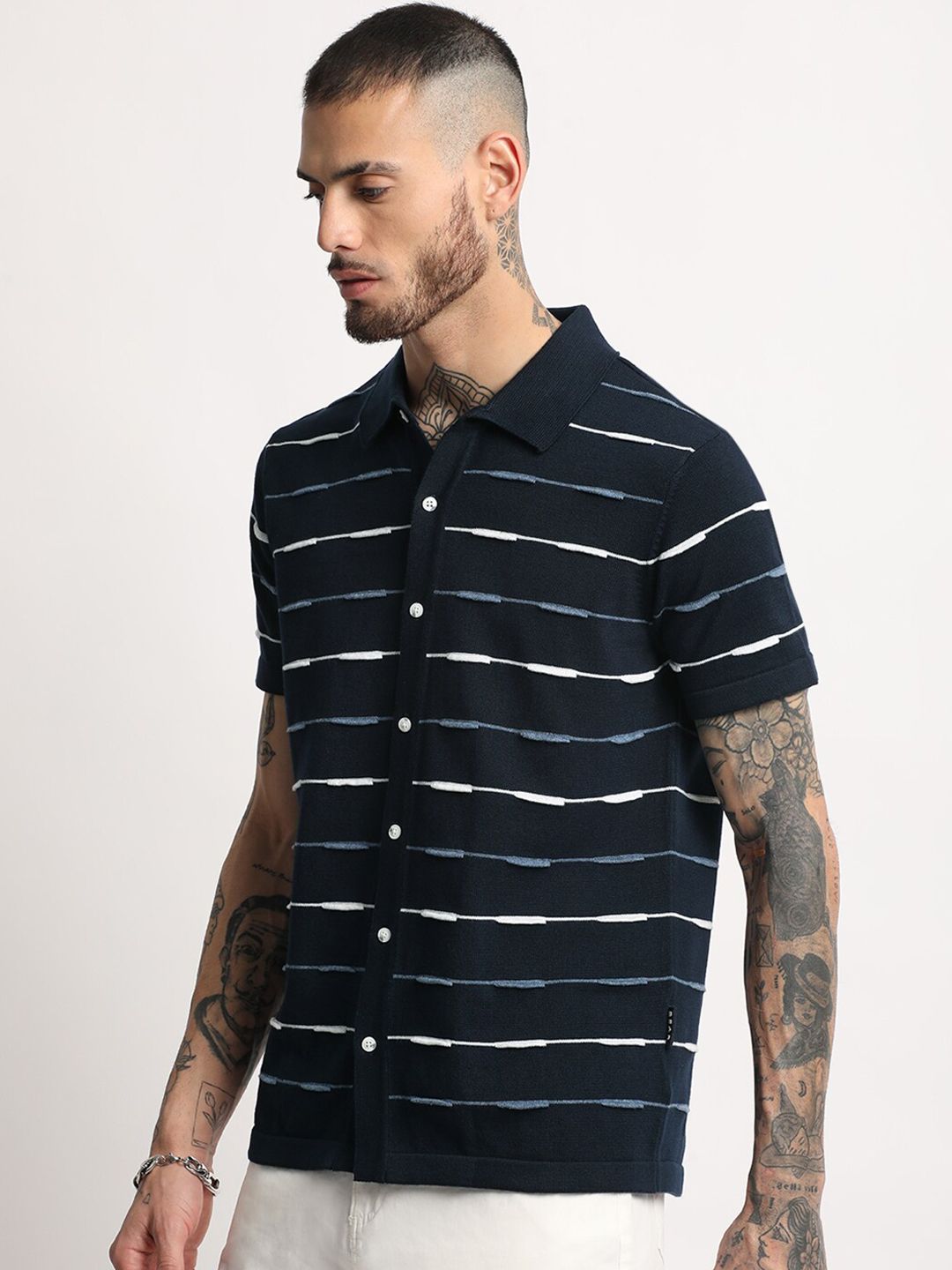 THE BEAR HOUSE Striped Polo Collar Pure Cotton Slim Fit T-shirt