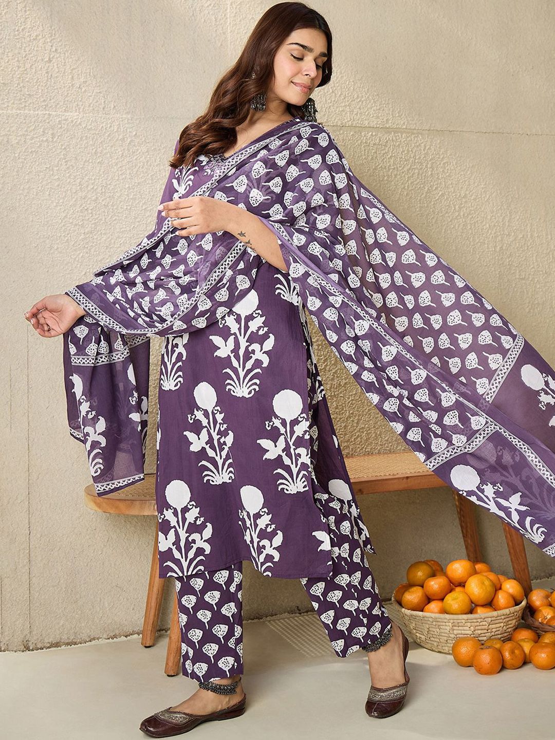 Indo Era Floral Printed V-Neck Pure Cotton Straight Kurta With Trousers And Dupatta