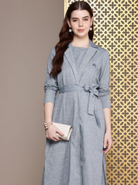 House of Pataudi Pure Cotton Striped A-Line Midi Jashn Dress With Overcoat