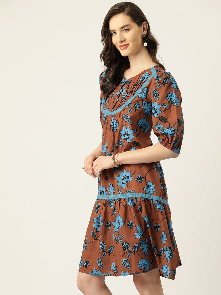 Antheaa Floral Print Puff Sleeve Cotton A-Line Dress